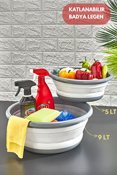 HOMENIVA 2 Adet Yuvarlak Katlanabilir Badya Set – 2 Boy Katlanır Leğen 9l – 5l