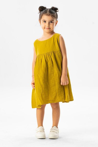 Eliş Şile Bezi Sleeveless Wise Summer Muslin Kids Dress Mustard Hrd