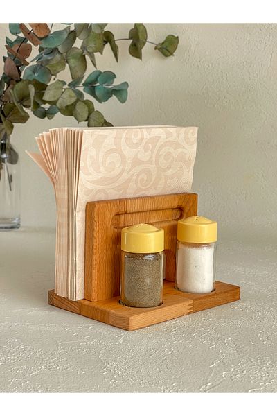 NOBLERAVEN DESIGN Glass Salt and Pepper Shakers Set with Wooden Napkin Holder Stand – Handmade Beech Wood Spice Rack