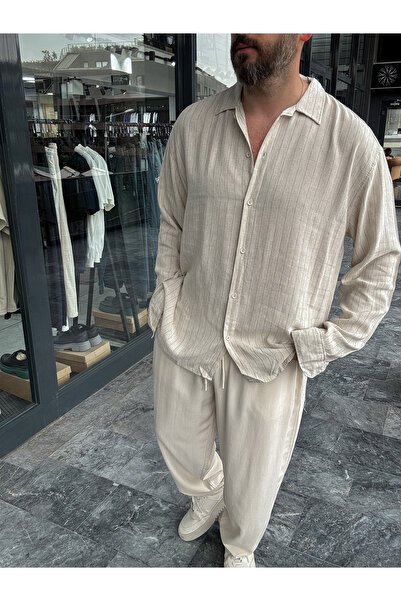 BYBASICMAN Cămașă de in bej cu dungi G-5187/12