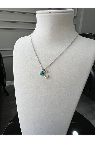Store C Letter Necklace - Natural Stone Chain with Turquoise Heart Charm