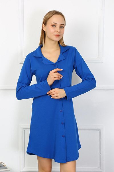 Akbeniz Women's Combed Cotton Long Sleeve Buttoned Saxe Tunic Nightgown 13103
