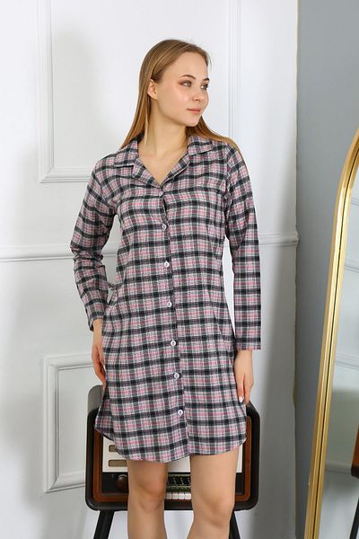 Akbeniz Black Combed Cotton Tunic Nightgown - Long Sleeve, Buttoned 13102
