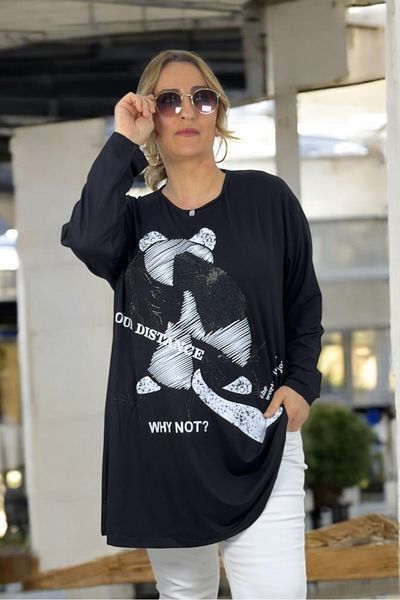 yagmurberen Patterned Crew Neck 2 Thread Combed Short Sleeve Basic Large Size T-Shirt Bluz