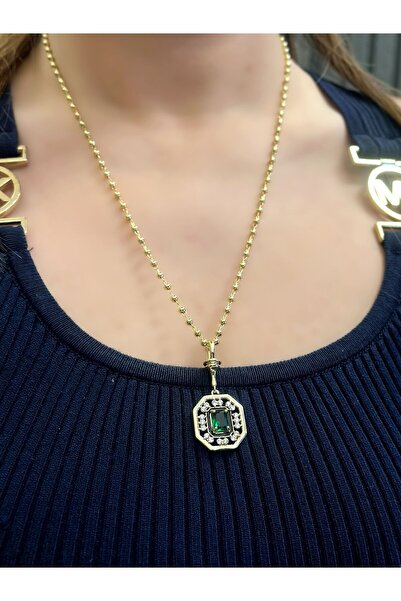 MyladyAccessoriess Yeşil Baget Taş Detaylı Çelik Kolye
