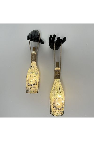 Mes Reves Handmade Black Men's Hand Statue Decorated Fairy LED Lighted Frosted Glass Champagne Bottle Sconce Set of 2