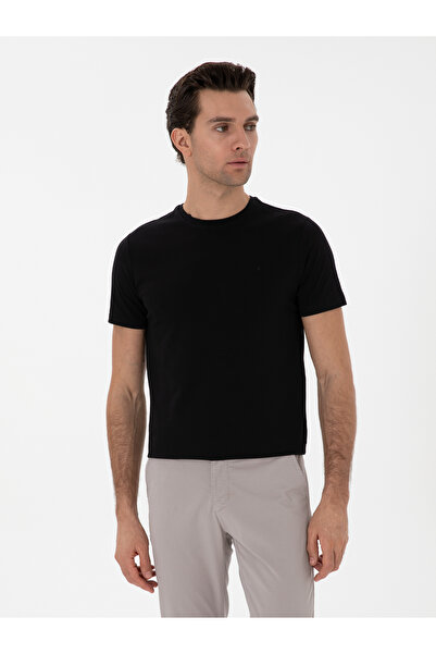 Cacharel Siyah Slim Fit Bisiklet Yaka Pamuk Karışımlı Basic T-shirt 50310013-VR046