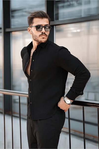 Valiberta Breathable Half Oversize Muslin Fabric Men's Shirt with Long Sleeve Collar - Black