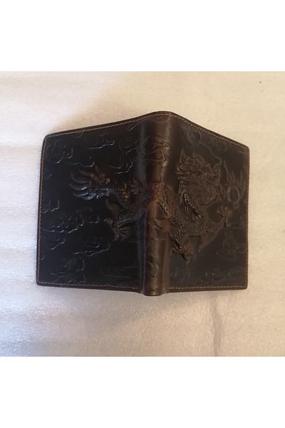 Butik Tülin Unisex Authentic Genuine Cowhide Leather Coffee Dragon Printed 2 Paper Money 3 Card 1 Id 11.5X9.5 Wallet