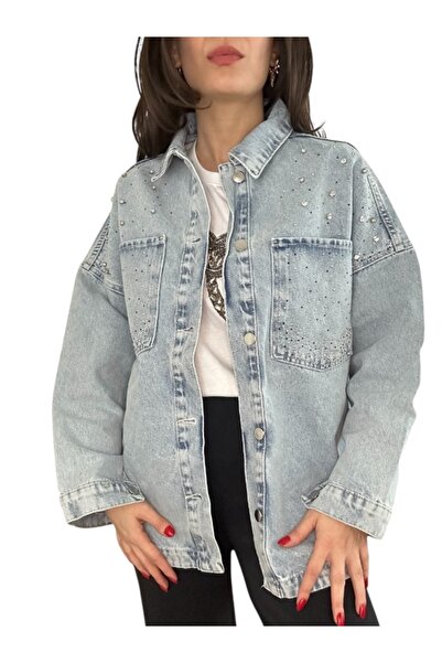 Butik Hepa-GG Buzmavisi Çift Cepli Taşlı Kot Ceket