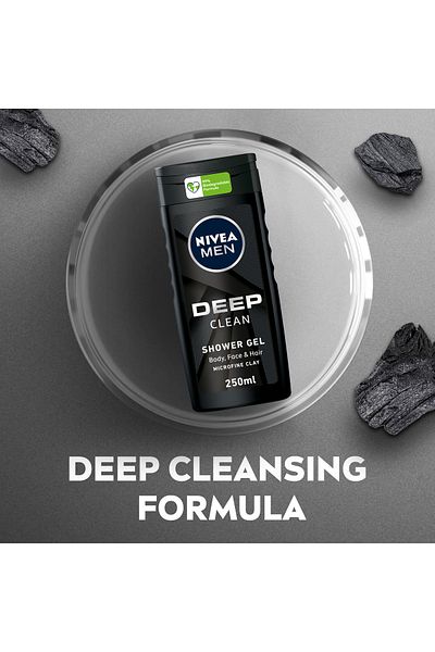 NIVEA MEN DEEP Shower Gel 3in1, Micro-Fine Clay, Woody Scent, 250ml, Pack of 3