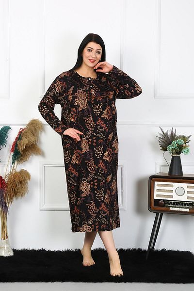 Akbeniz Women's Large Size Long Sleeve Black Mother's Nightgown 1367