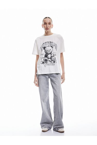 Koton Crew Neck Short Sleeve Cotton Teddy Bear Printed Oversize T-Shirt