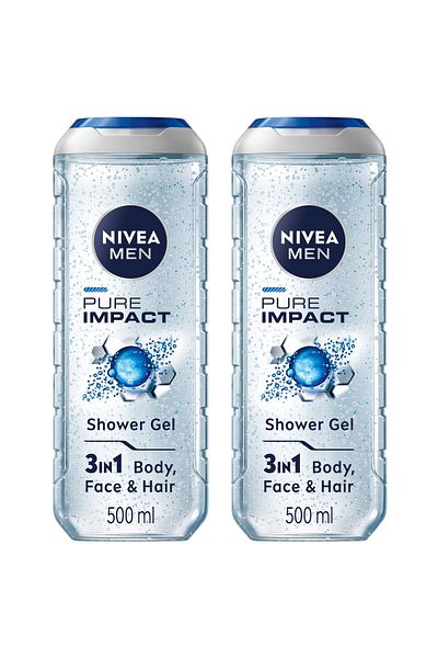 NIVEA MEN Pure Impact Shower Gel 3in1, Fresh Scent, 500ml, Pack of 2