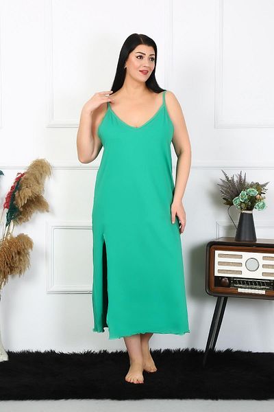 Akbeniz Plus Size Green Cotton Rope Strap Long Nightgown - 12100