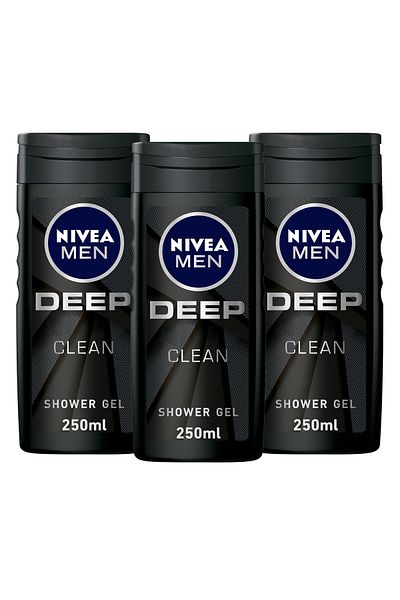 NIVEA MEN DEEP Shower Gel 3in1, Micro-Fine Clay, Woody Scent, 250ml, Pack of 3