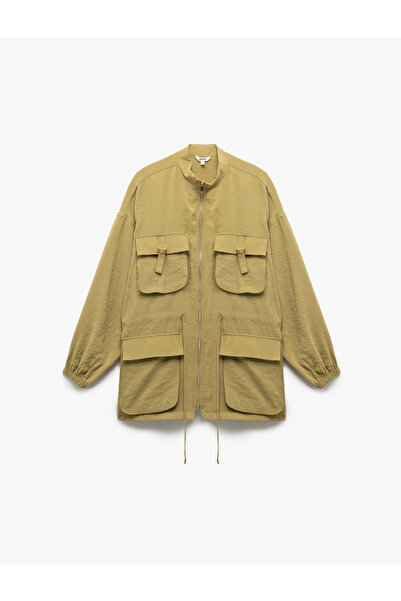 Koton Lange Jacke aus Modalstoff mit Taillenband und Reißverschlusstasche