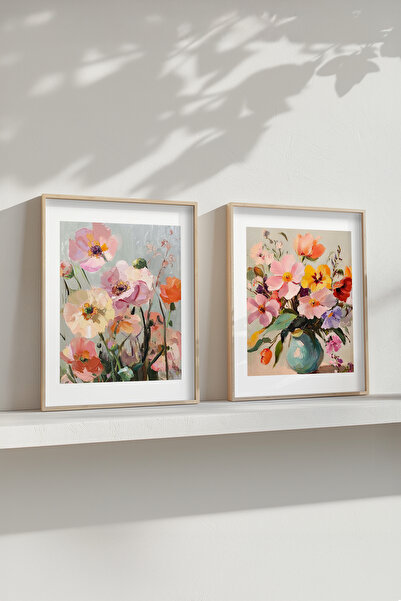STARYUNA Yağlı boya efektli modern çiçekli ahşap çerçeveli 2'li tablo seti Yu...