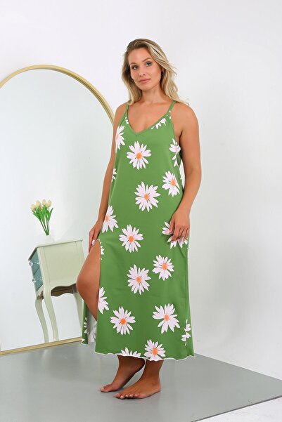 Akbeniz Women's Large Size Rope Strap Cotton Long Nightgown 12104 Green