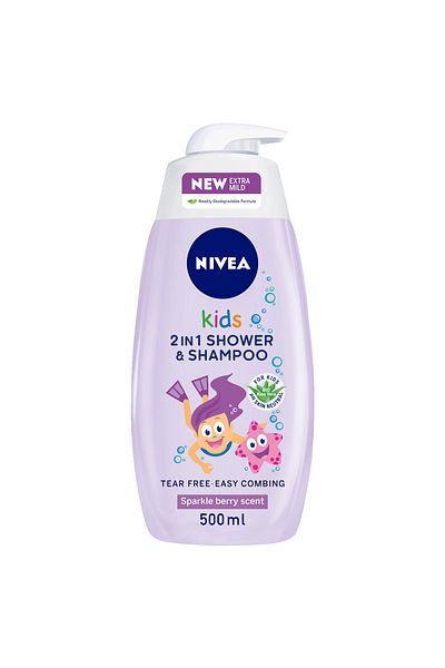 NIVEA 2in1 Kids Shower & Shampoo with Bio Aloe Vera, Berry Scent, 500ml