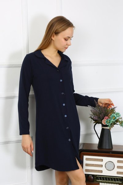 Generic Brand Fashion Line Women's Combed Cotton Long Sleeve Buttoned Navy Bl...