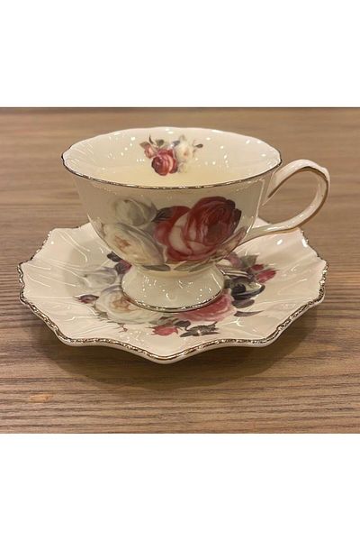 ROY KING Porcelain Set of 6 Teacups - Cream Gold Rose Pattern