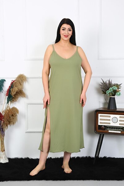Akbeniz Women's Large Size Rope Strap Cotton Khaki Long Nightgown 12100