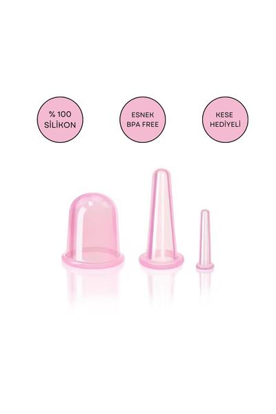 Naturachi Silikon Vakumlu Yüz Ve Boyun Masaj Kupa Seti 3'lü Pembe Renk