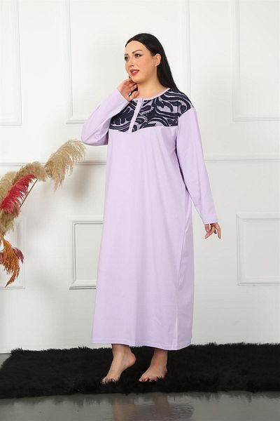 Akbeniz Μεγάλο μακρυμάνικο δαντέλα λιλά Mother Nightdress 1355