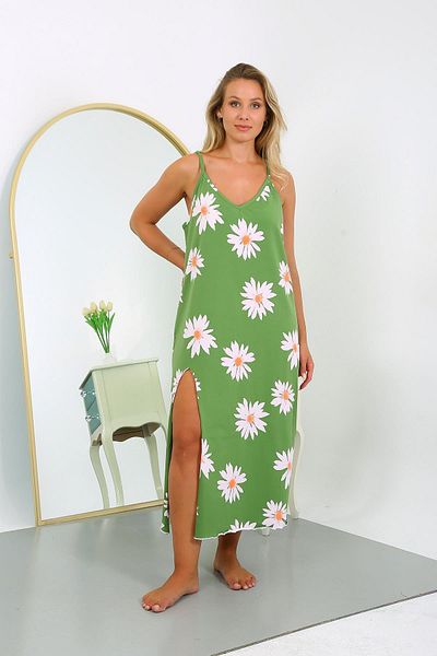 Akbeniz Green Cotton Long Nightdress - Women's Plus Size, Rope Strap 12104