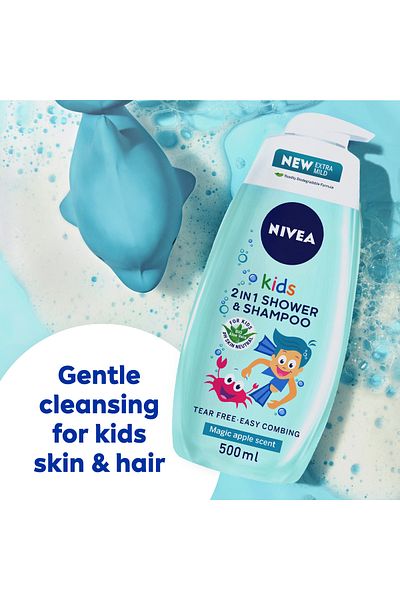 NIVEA 2in1 Kids Shower & Shampoo with Bio Aloe Vera, Apple Scent, 500ml