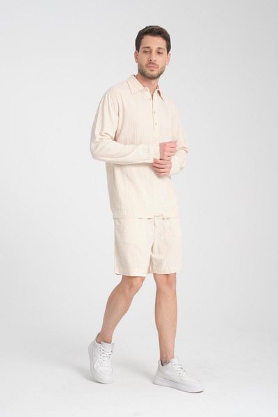 Store Men's Summer Suit, Long Sleeve Polo, Elastic Waist Top & Shorts - Modern and Stylish