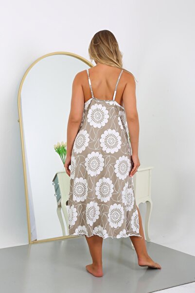 Akbeniz Women's Large Size Rope Strap Cotton Long Nightgown 12104 Mink