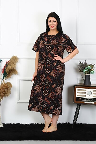 Akbeniz Cămașă de noapte neagră pentru mamă, cu mânecă scurtă, mărime mare, 1375