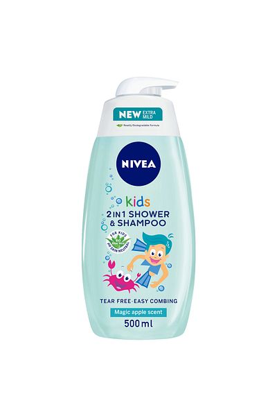 NIVEA 2in1 Kids Shower & Shampoo with Bio Aloe Vera, Apple Scent, 500ml