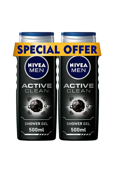 NIVEA MEN Active Clean Charcoal Shower Gel 3in1, Woody Scent, 500ml, Pack of 2
