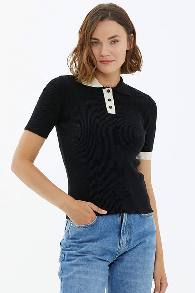 Sementa Pulover tricot cu mânecă scurtă, cu nasturi, cu gât polo, cu plăcuță, negru