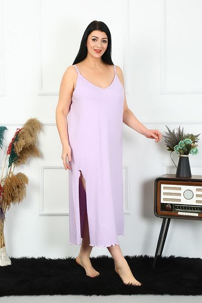 Akbeniz Lilac Cotton Long Nightgown - Plus Size, Rope Strap 12100