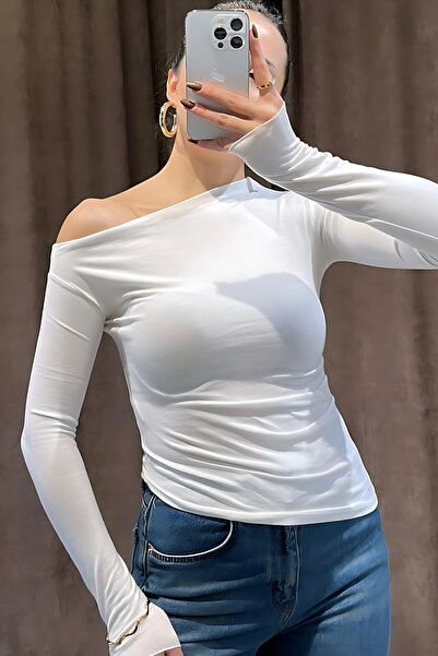 Damla Demli Asymmetrical White Blouse with Shirring Detail