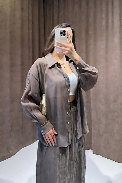 Damla Demli Brown Pocketed Lined Skirt Printed Shirt Set