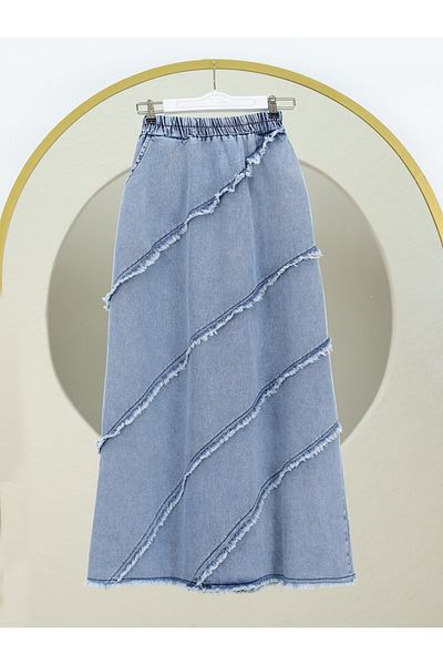 Modamorfo Fusta de blugi cu talie elastică cu ciucuri - Ice Blue