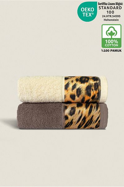 Ellaline Σετ πετσετών 2 τεμαχίων με σχέδιο Leopard 100% βαμβάκι με πιστοποίηση, πετσέτα χεριών / προσώπου / επισκέπτη / κεφαλιού 50x90cm