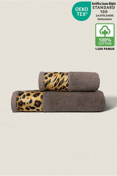 Ellaline طقم مناشف حمام بنية بنقشة الفهد - 100% قطن، معتمد، قطعتين، 50x90-70x140