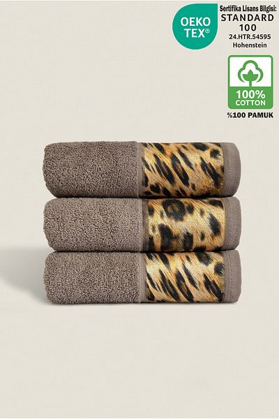 Ellaline Σετ πετσετών Leopard 3 τεμαχίων 100% βαμβάκι με πιστοποίηση, πετσέτες χεριών / προσώπου / κουζίνας 50x90cm καφέ