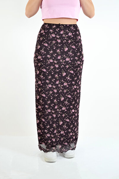 BUSEM Fusta lungă cu modele florale - burgundă-roz