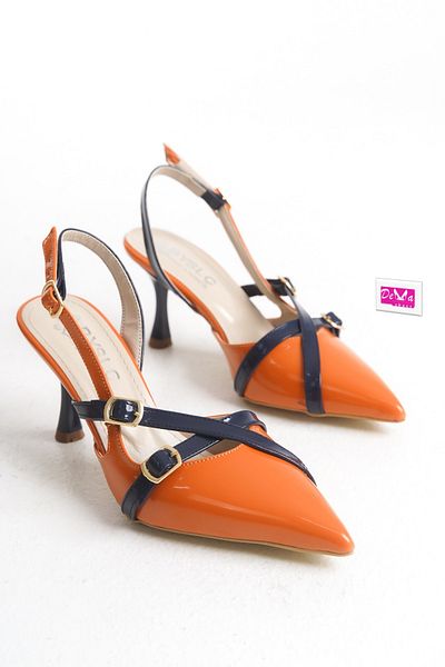 Demashoes Πορτοκαλί Navy Blue λουστρίνι με μυτερή μύτη με ανοιχτή πόρπη με τακούνι 7 cm.