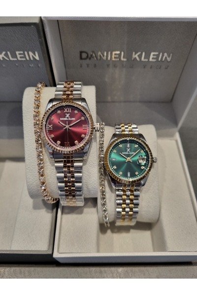 Daniel Klein YENİ MODEL DK 2 li İki renk Çelik Bilezik Yeşil Kadran-Rose bicolor Mürdüm Kadın Kol Saati+Bileklik