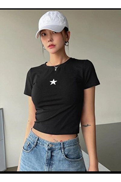 EDVESS Trend İnce Retro Tişört Kısa Kollu Siyah Crop Y2k Harajuku Slim Retro T-shirt Short Sleeve