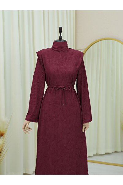 Modamorfo Padded Shoulder Lace up Wrap Dress - Burgundy