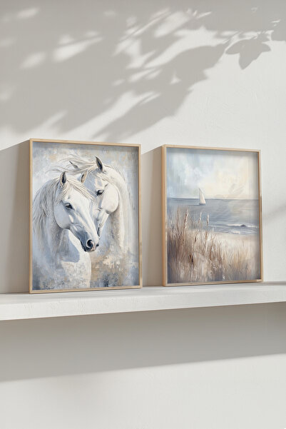 STARYUNA Yağlı boya efektli at tablosu, ahşap çerçeveli atlı 2'li tablo seti Yuna182